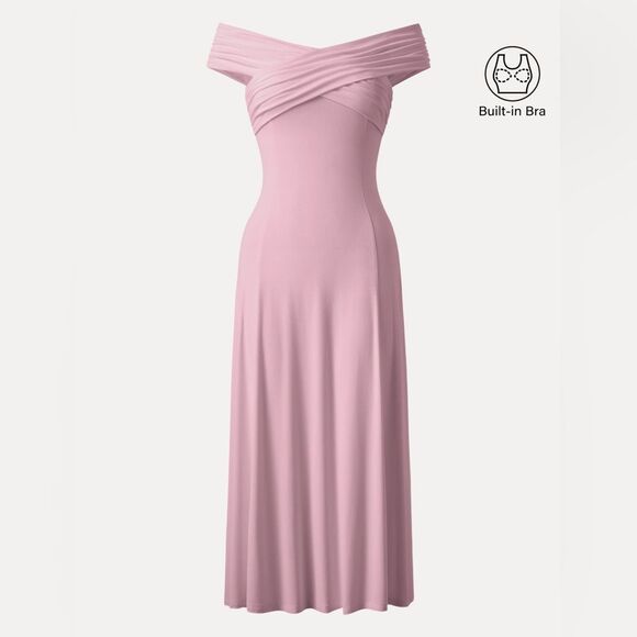 New OGL Eco-SkinKiss® Flowy Criss Cross Off-shoulder Midi Brami Dress Rose Mauve - Picture 1 of 15